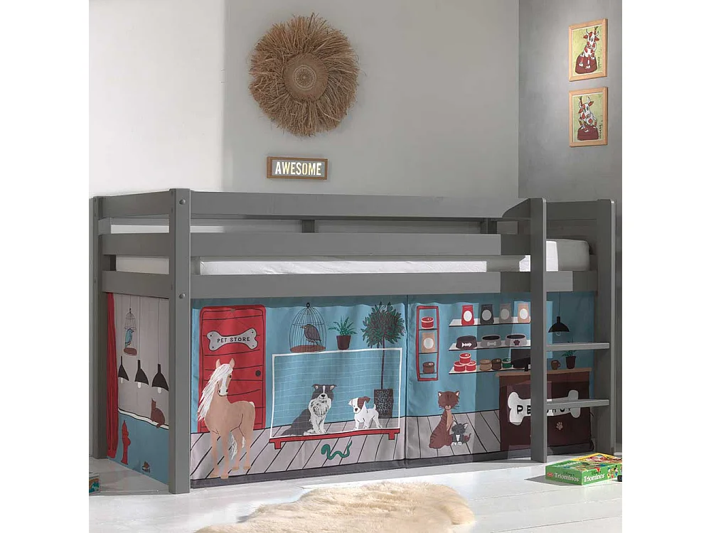 Kinder Halbhochbett aus Kiefer Massivholz Grau mit Tier Vorhang