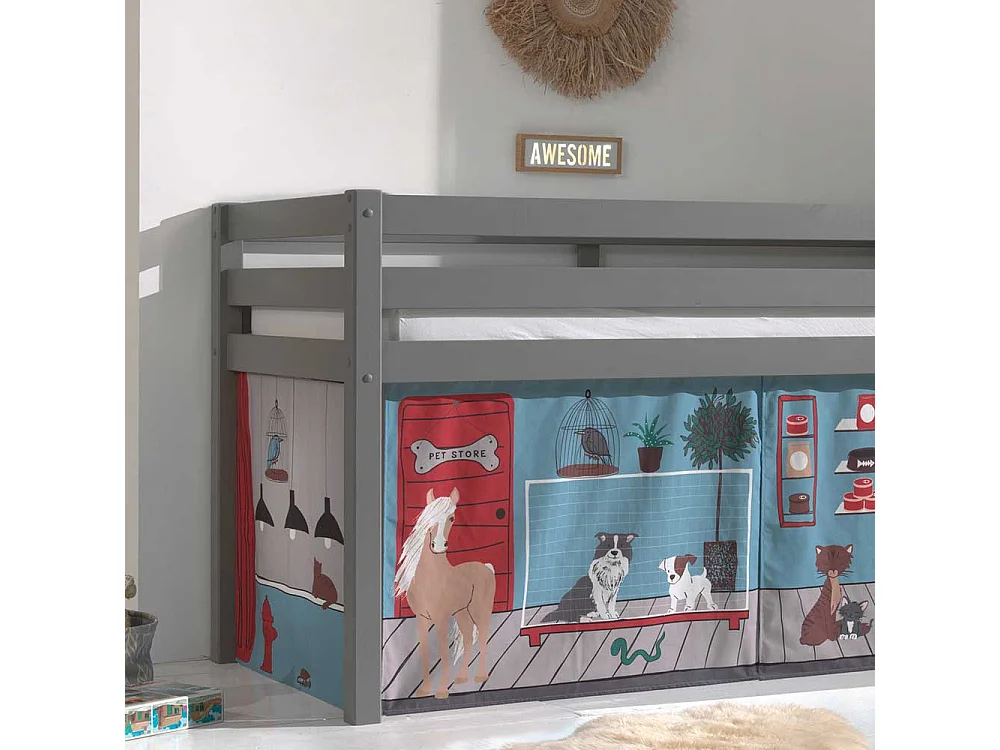 Kinder Halbhochbett aus Kiefer Massivholz Grau mit Tier Vorhang