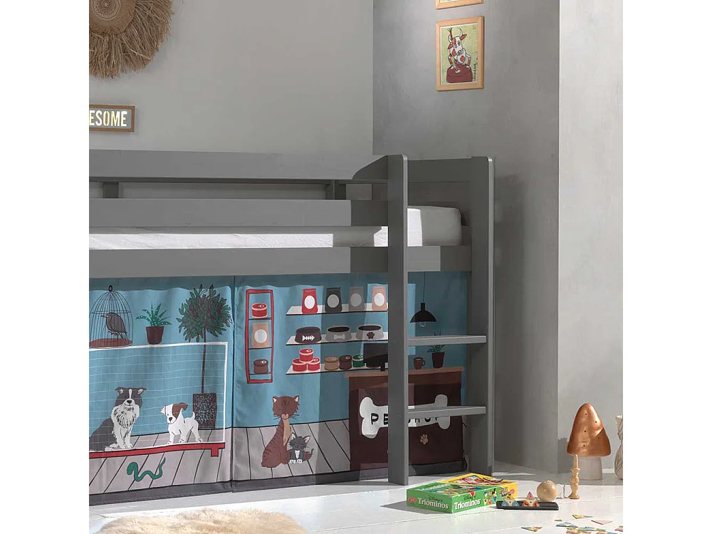 Kinder Halbhochbett aus Kiefer Massivholz Grau mit Tier Vorhang