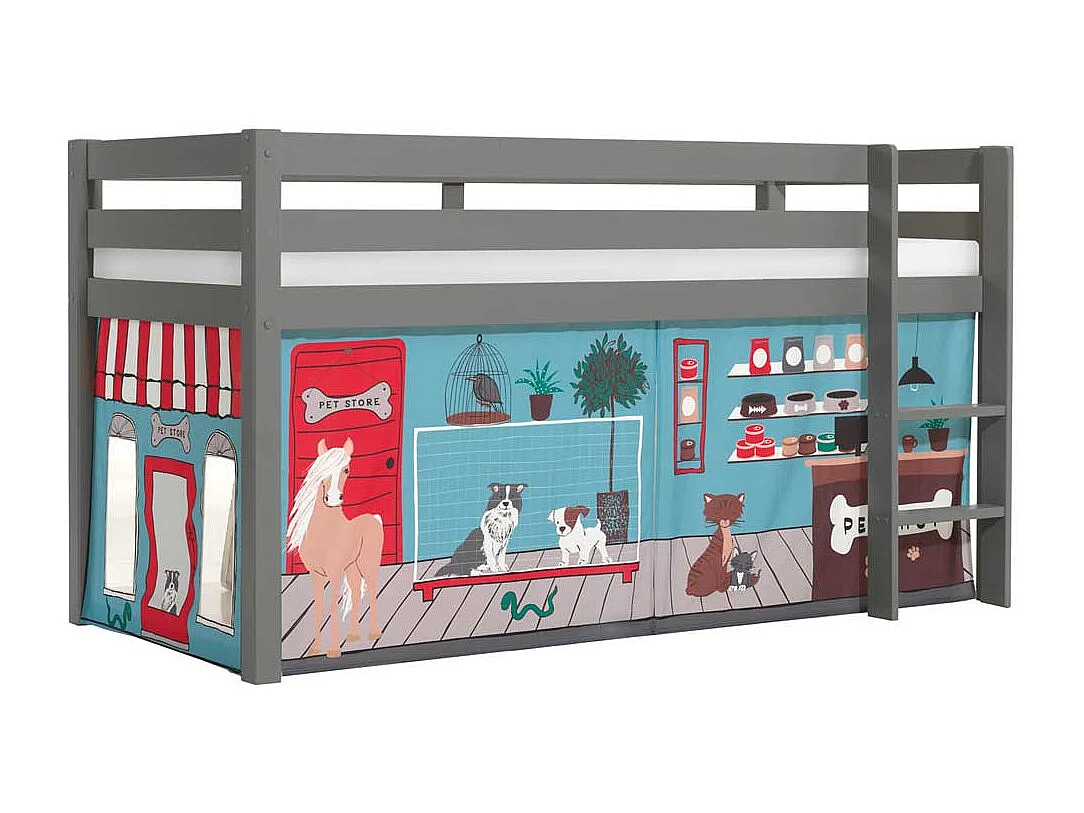 Kinder Halbhochbett aus Kiefer Massivholz Grau mit Tier Vorhang