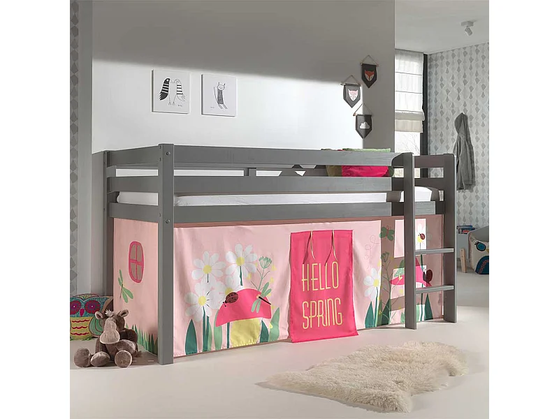 Mädchen Kinderzimmerbett in Grau und Rosa Leiter und Vorhang
