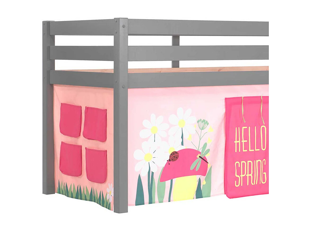 Mädchen Kinderzimmerbett in Grau und Rosa Leiter und Vorhang