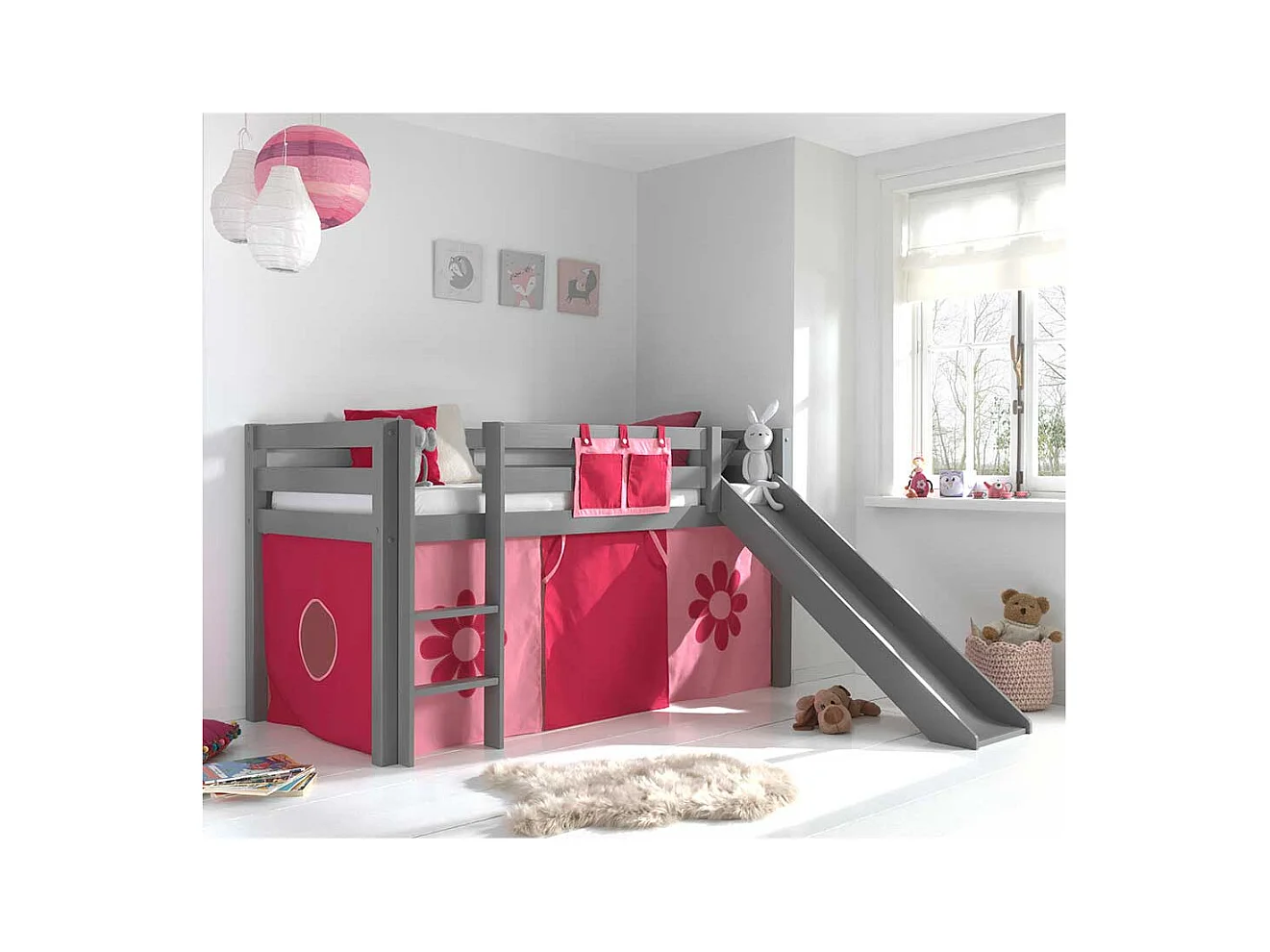 Mädchen Kinderzimmerbett in Grau Rosa Pink Blumen Motiv