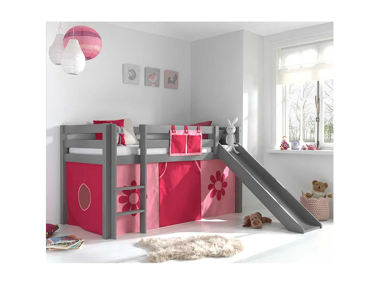 Mädchen Kinderzimmerbett in Grau Rosa Pink Blumen Motiv