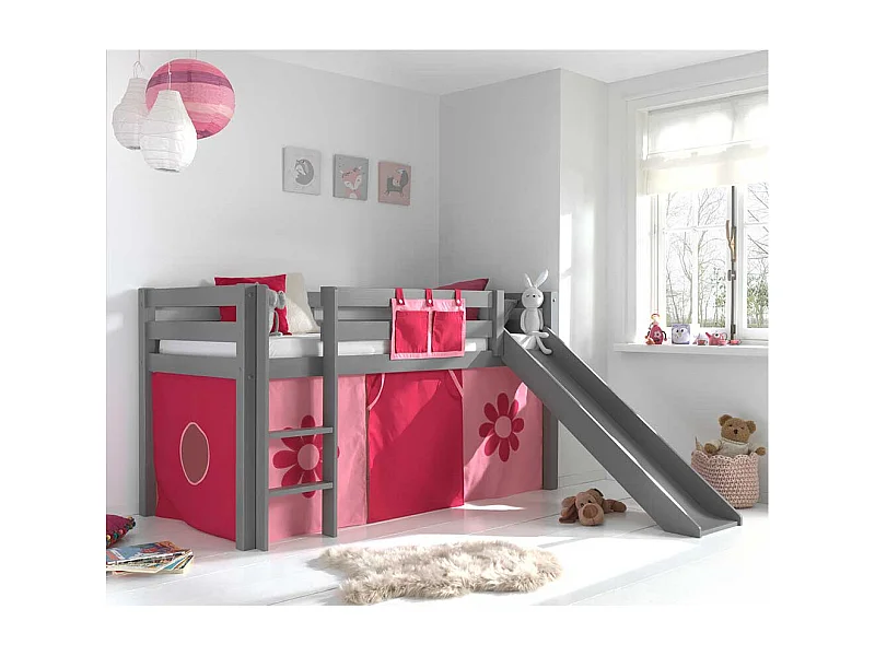 Mädchen Kinderzimmerbett in Grau Rosa Pink Blumen Motiv