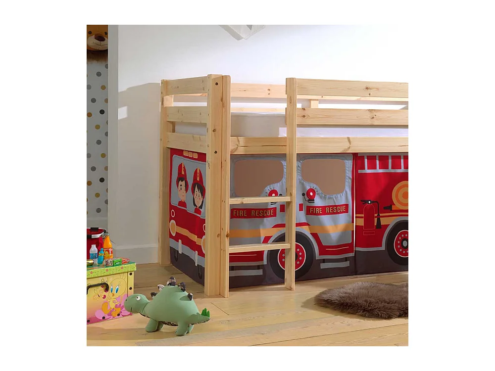 Kinder Halbhochbett aus Kiefer Massivholz Vorhang Feuerwehr