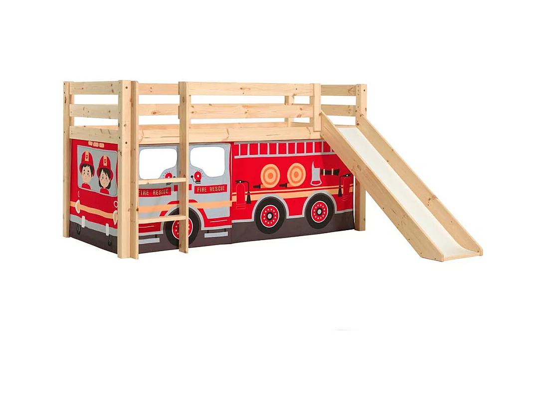 Kinder Halbhochbett aus Kiefer Massivholz Vorhang Feuerwehr