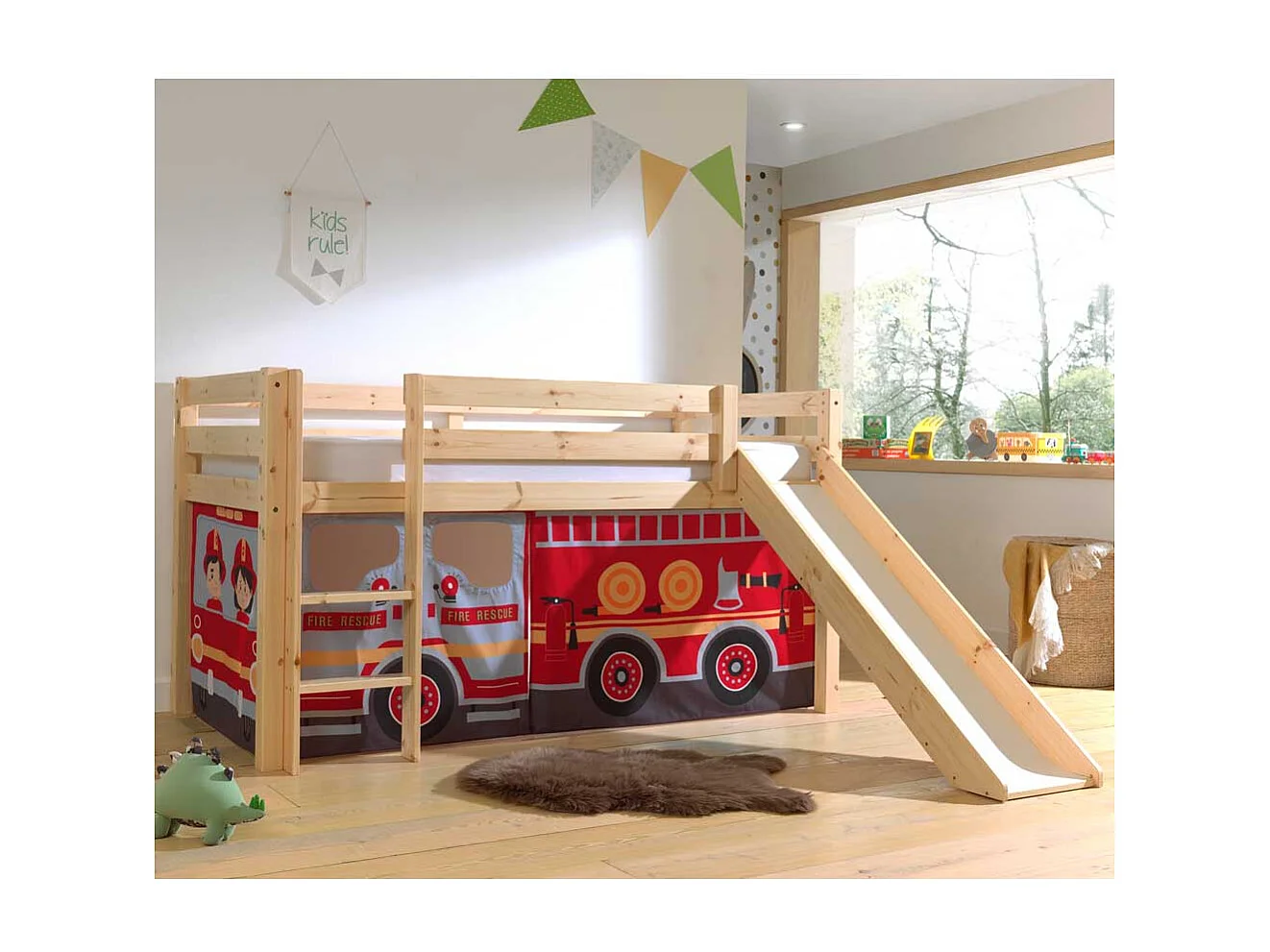 Kinder Halbhochbett aus Kiefer Massivholz Vorhang Feuerwehr