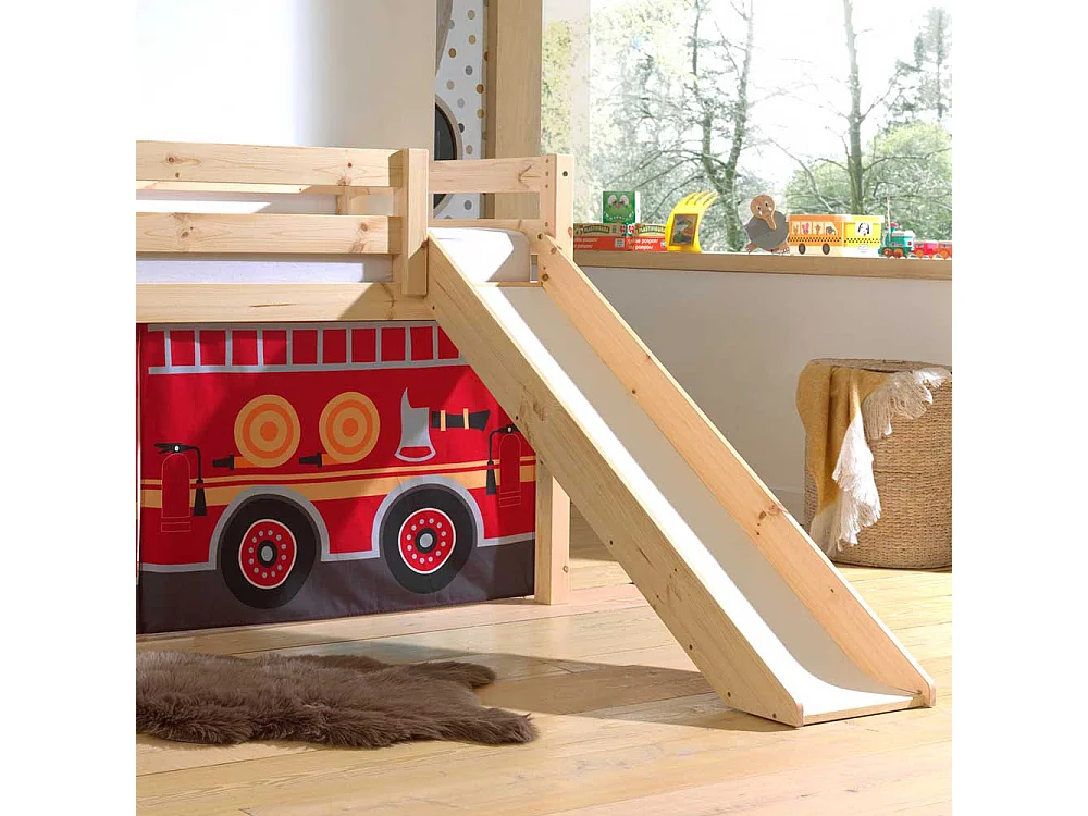 Kinder Halbhochbett aus Kiefer Massivholz Vorhang Feuerwehr