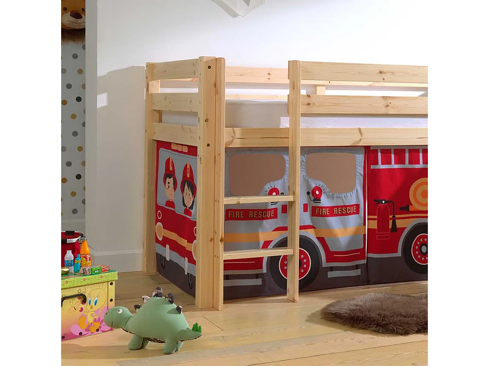 Kinder Halbhochbett aus Kiefer Massivholz Vorhang Feuerwehr
