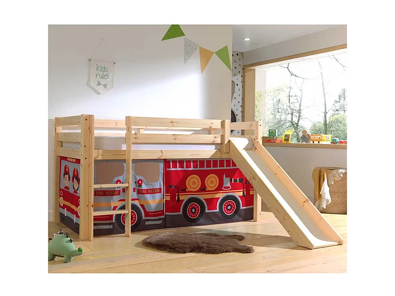 Kinder Halbhochbett aus Kiefer Massivholz Vorhang Feuerwehr