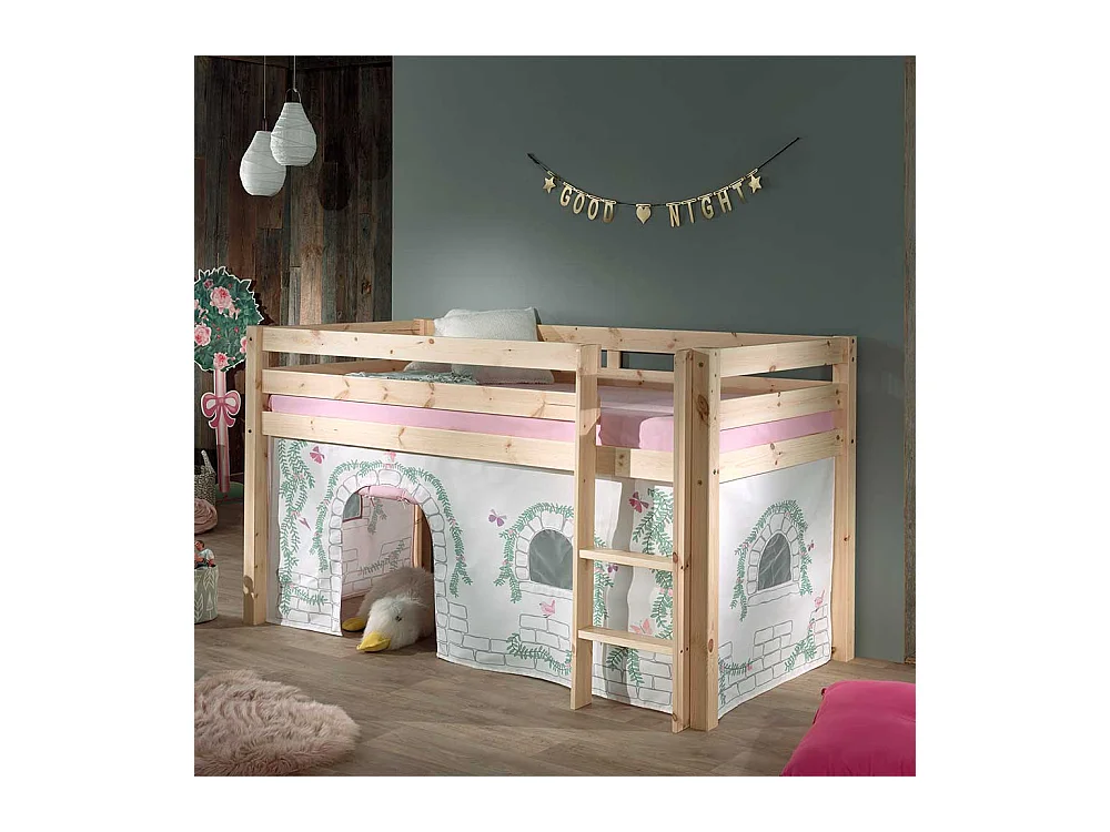 Hochbettgestell aus Kiefer Massivholz Vorhang