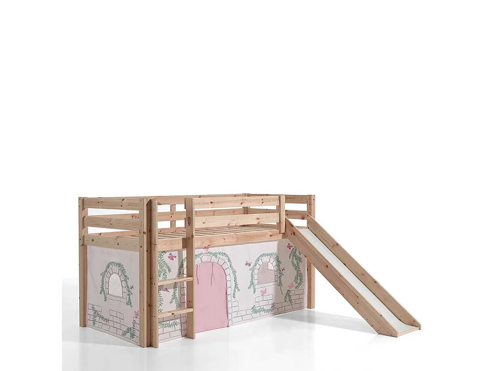 Hochbettgestell aus Kiefer Massivholz Vorhang