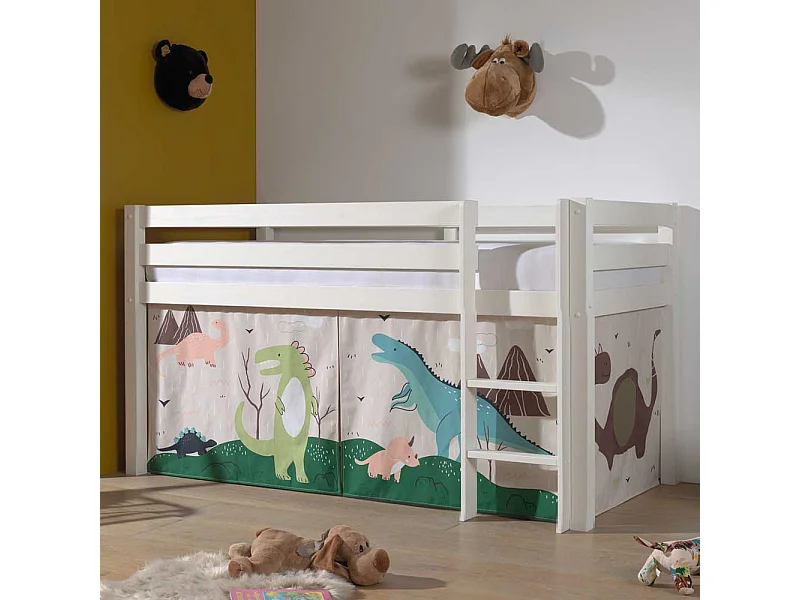 Kinderzimmer Bett aus Kiefer Massivholz Weiß mit Leiter und Dino Vorhang
