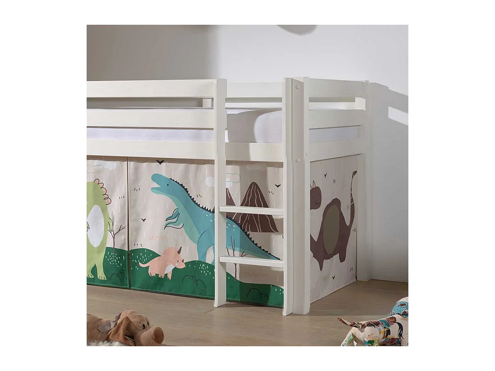 Kinderzimmer Bett aus Kiefer Massivholz Weiß mit Leiter und Dino Vorhang