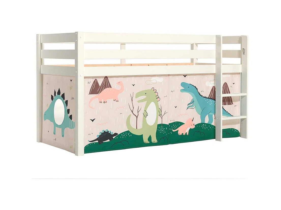 Kinderzimmer Bett aus Kiefer Massivholz Weiß mit Leiter und Dino Vorhang