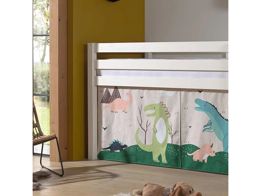 Kinderzimmer Bett aus Kiefer Massivholz Weiß mit Leiter und Dino Vorhang