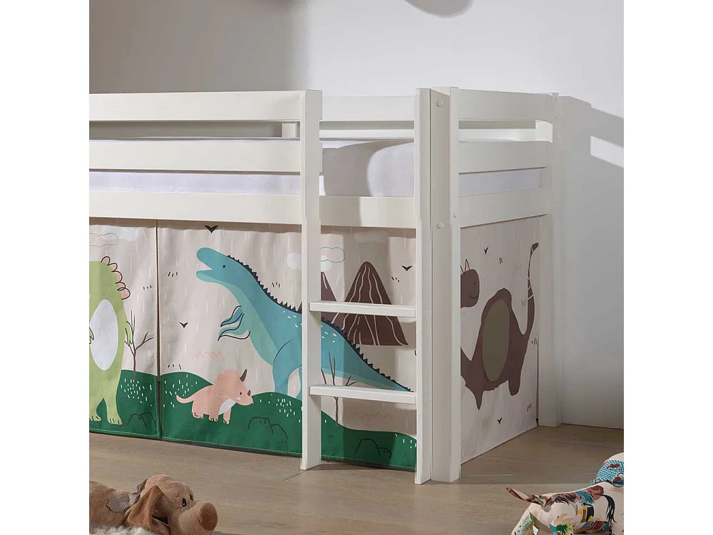 Kinderzimmer Bett aus Kiefer Massivholz Weiß mit Leiter und Dino Vorhang