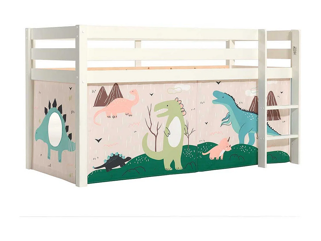 Kinderzimmer Bett aus Kiefer Massivholz Weiß mit Leiter und Dino Vorhang