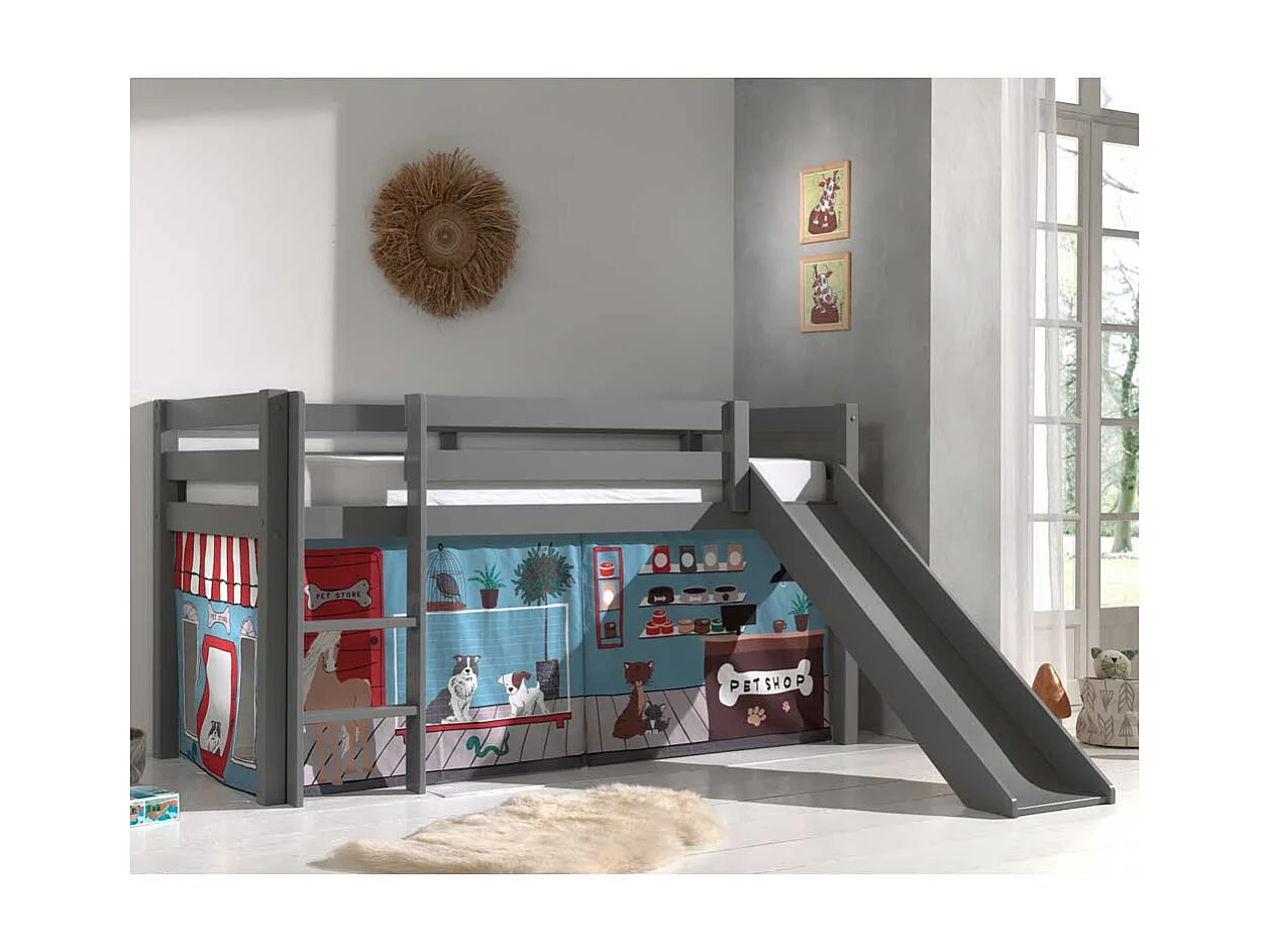 Rutschen Hochbett in Grau Vorhang mit Tier Motiven