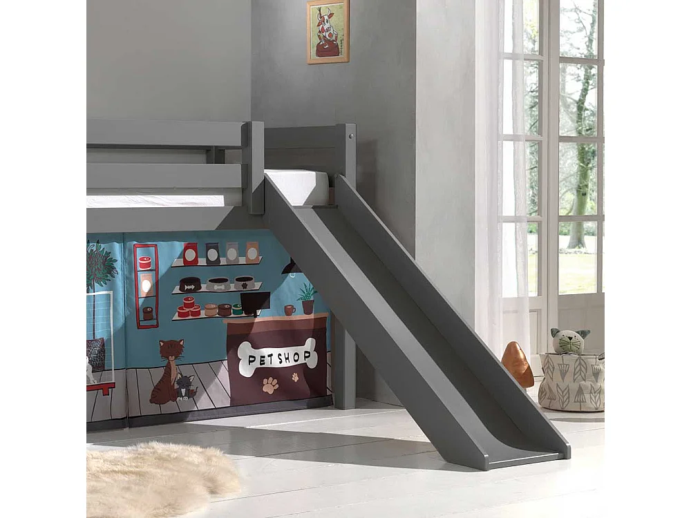 Rutschen Hochbett in Grau Vorhang mit Tier Motiven