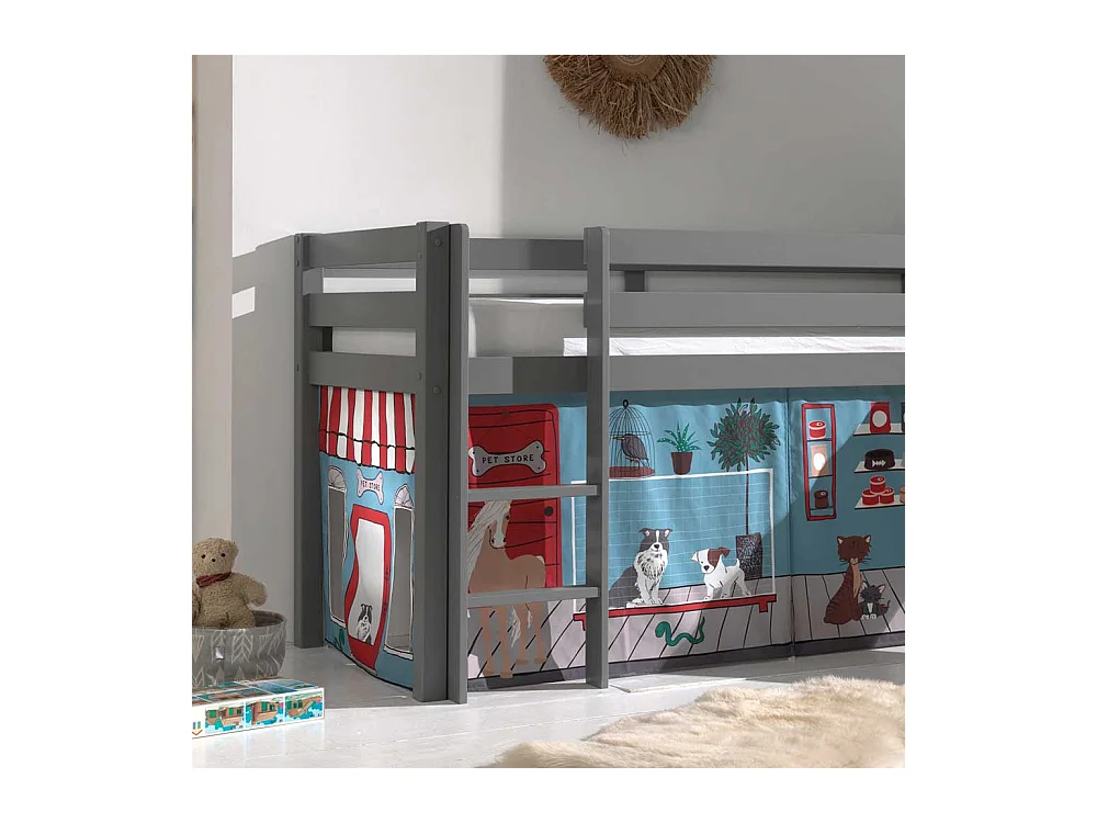 Rutschen Hochbett in Grau Vorhang mit Tier Motiven