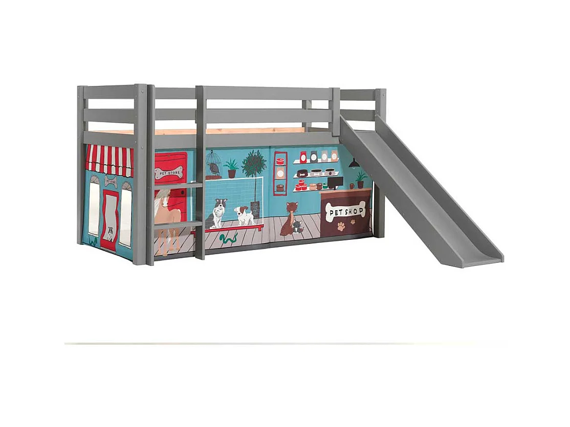 Rutschen Hochbett in Grau Vorhang mit Tier Motiven