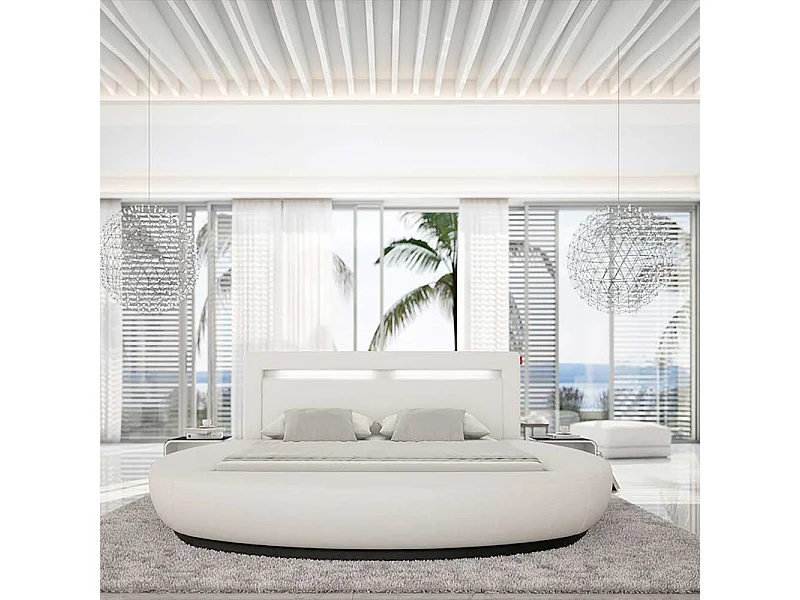 Rundes Polsterbett in Weiß Kunstleder LED Beleuchtung