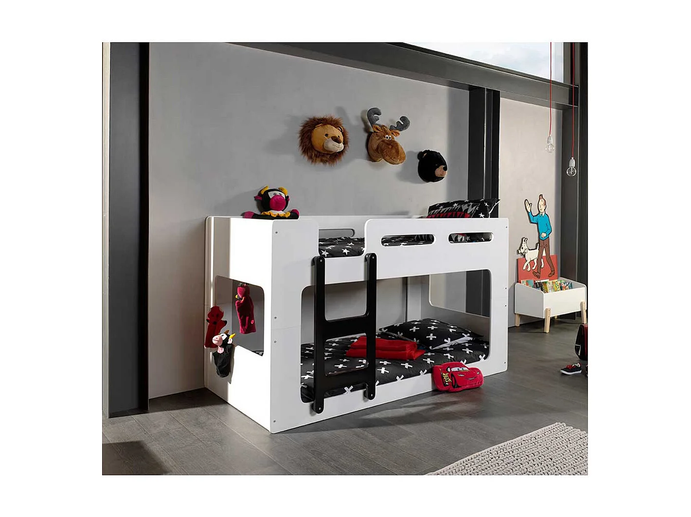 Kinderzimmer Etagenbett in Weiß und Schwarz 90x200 cm