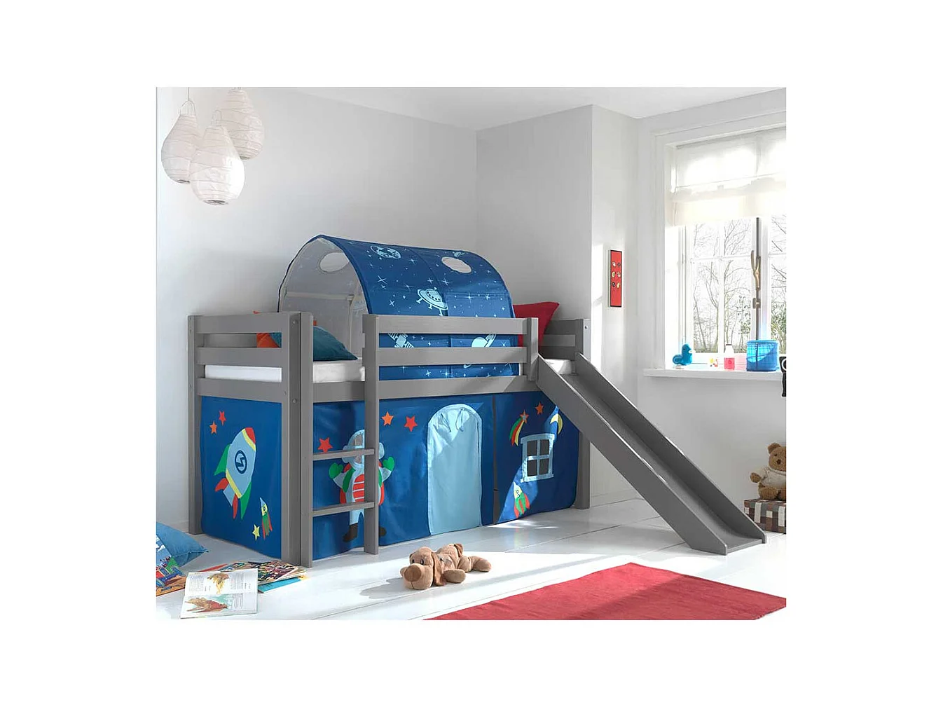 Jungen Spielhochbett in Grau und Blau Rutsche