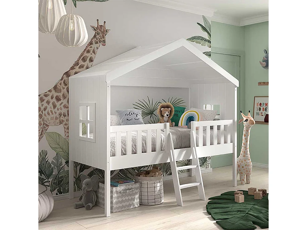 Kinder Hausbett weiß Skandi inklusive Leiter 202 cm hoch