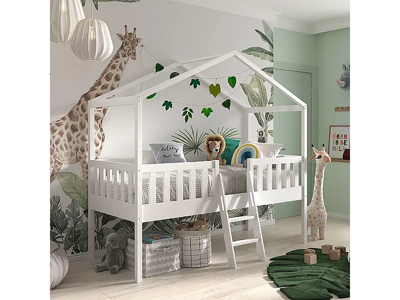 Kinderzimmer Bett halbhoch Haus in Weiß Leiter
