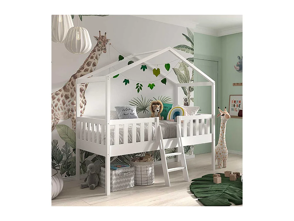 Kinderzimmer Bett halbhoch Haus in Weiß Leiter