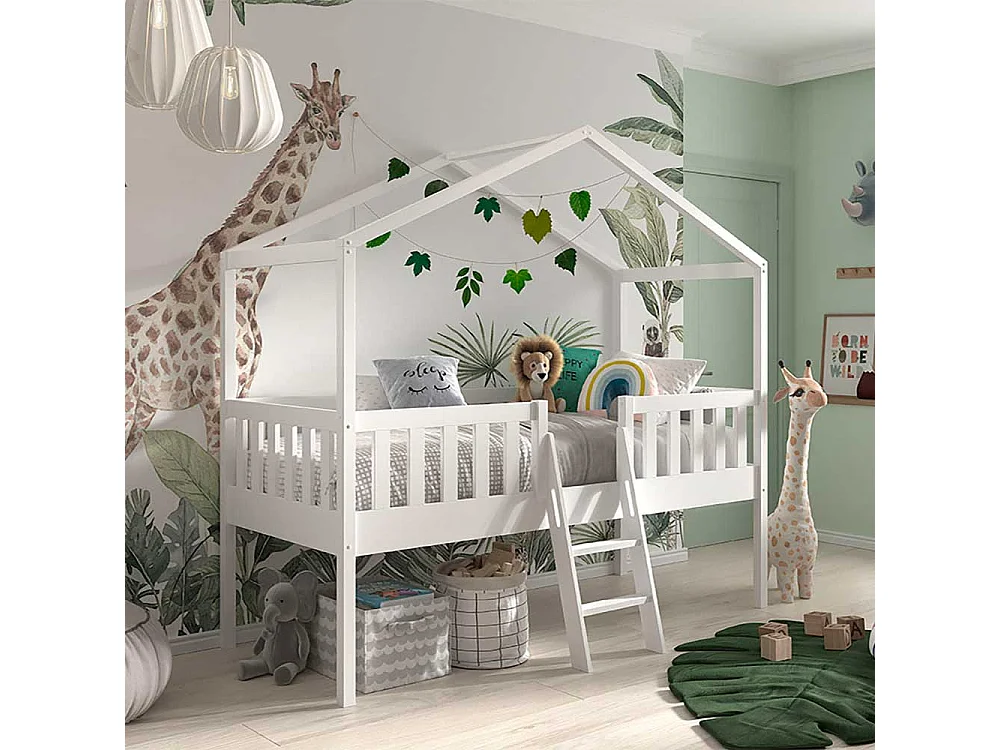 Kinderzimmer Bett halbhoch Haus in Weiß Leiter