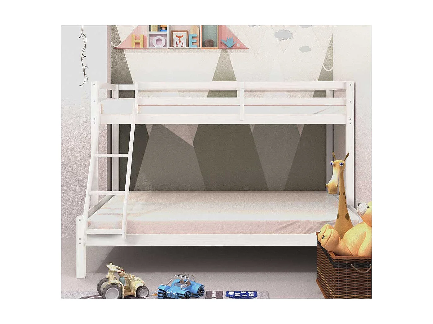 Kinderdoppelhochbett in Weiß Kiefer Massivholz