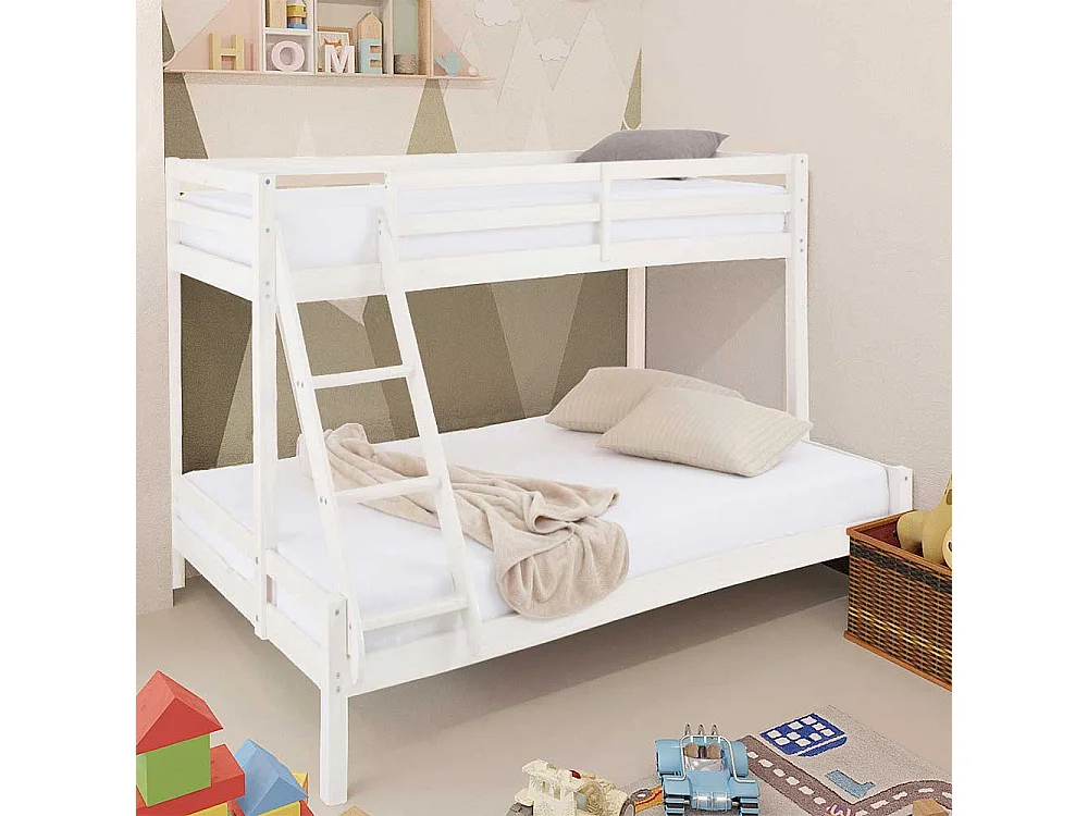 Kinderdoppelhochbett in Weiß Kiefer Massivholz