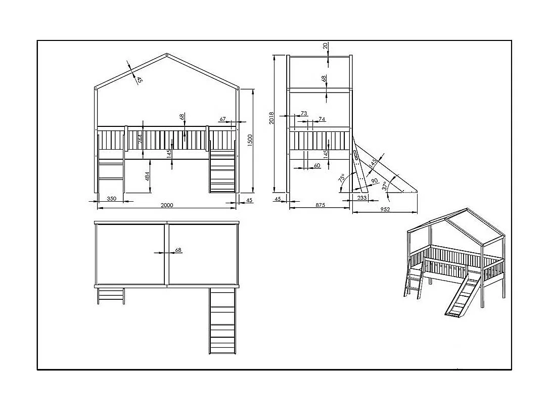 Kinderzimmerbett Haus mit Rutsche inklusive Leiter 202 cm hoch