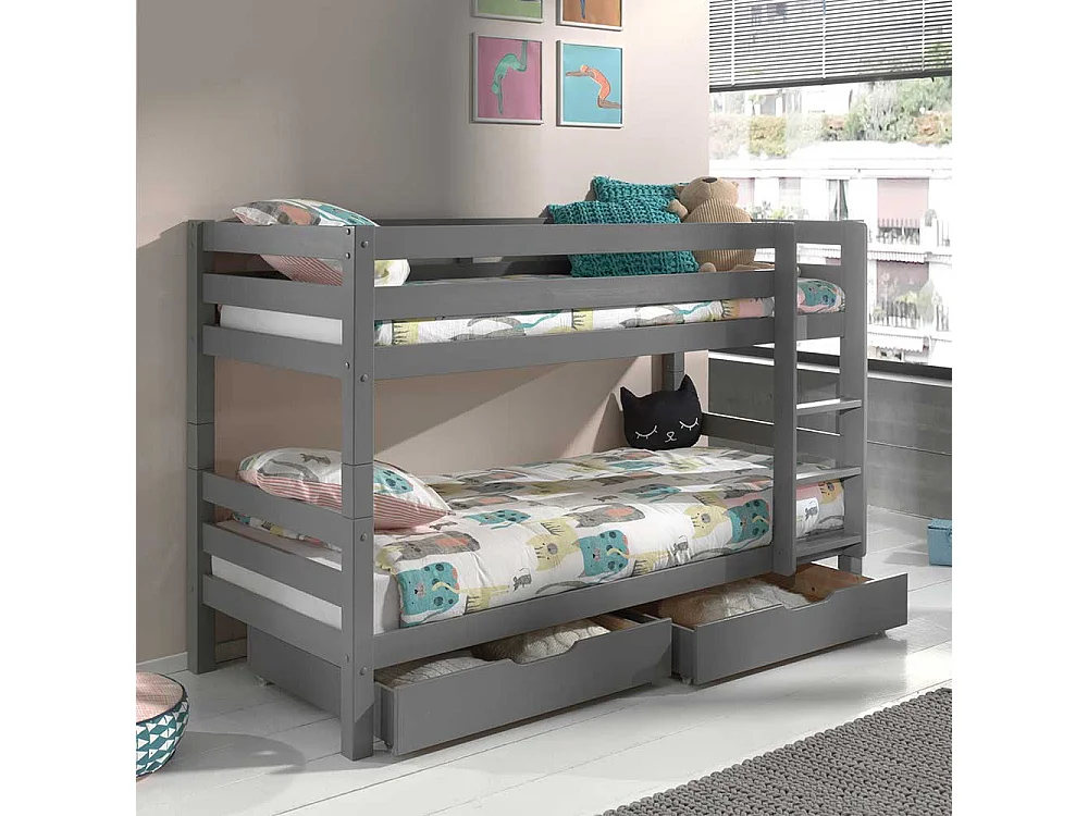 Kinder Etagenbett in Grau Kiefer Massivholz