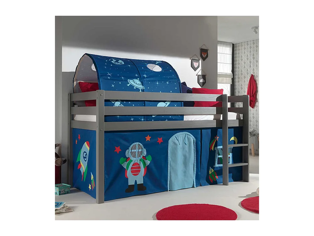 Jungs Spielhochbett in Grau und Blau Weltraum Motiv