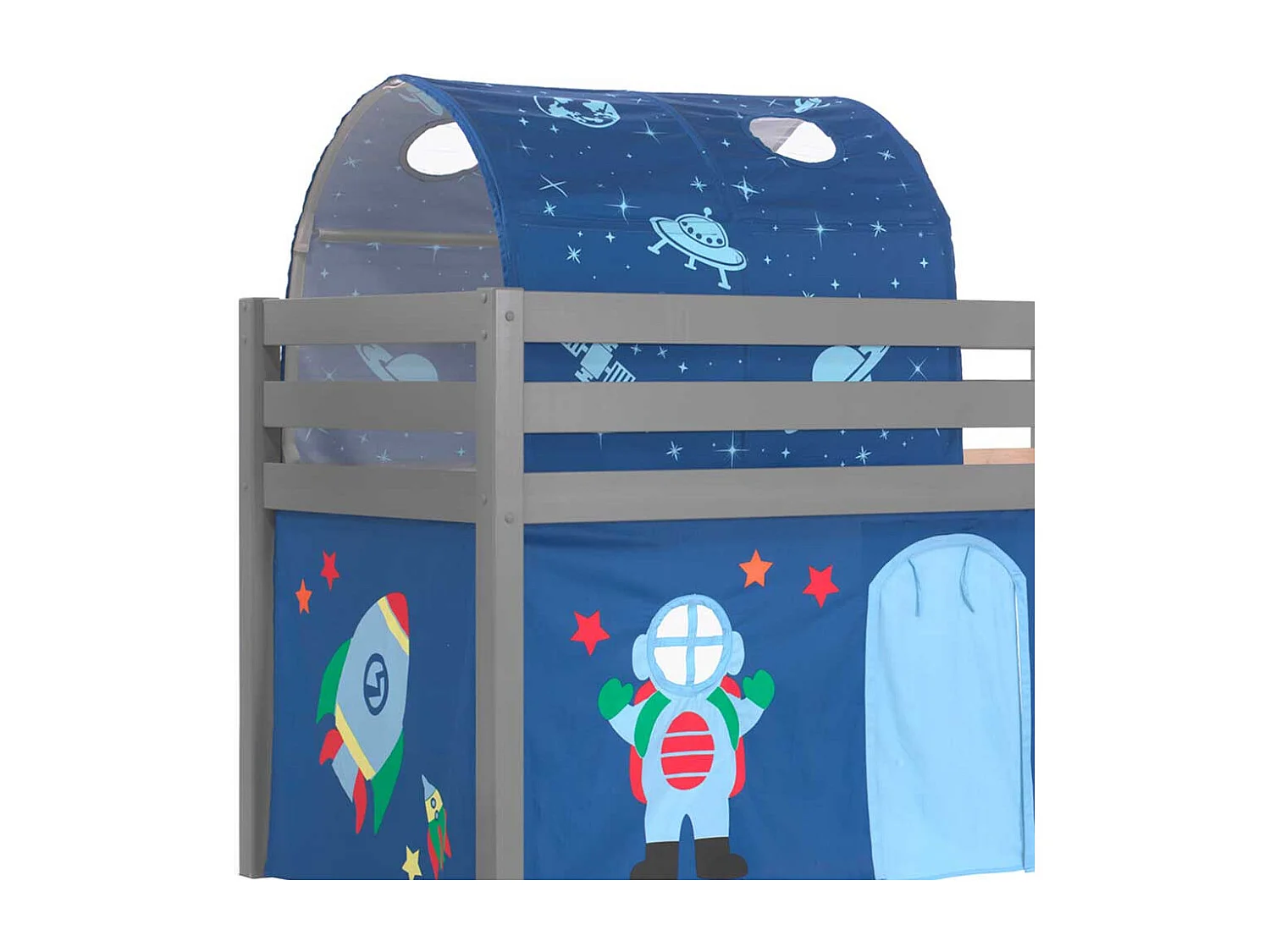 Jungs Spielhochbett in Grau und Blau Weltraum Motiv