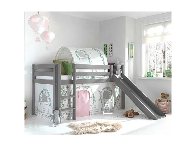 Rutschen Hochbett in Grau und Rosa Stofftunnel und Vorhang