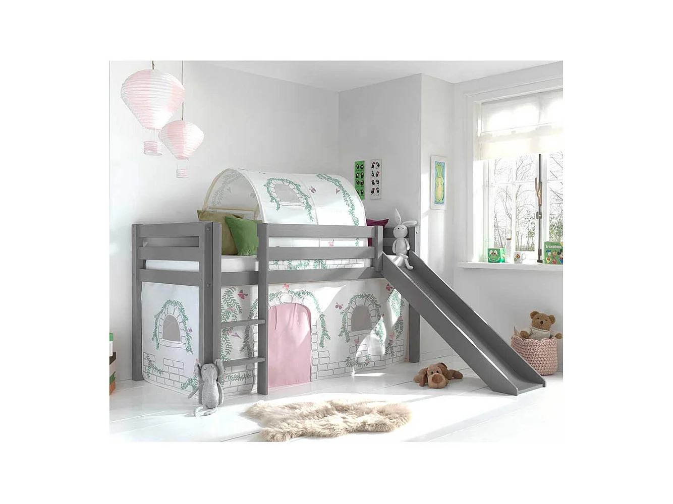 Rutschen Hochbett in Grau und Rosa Stofftunnel und Vorhang