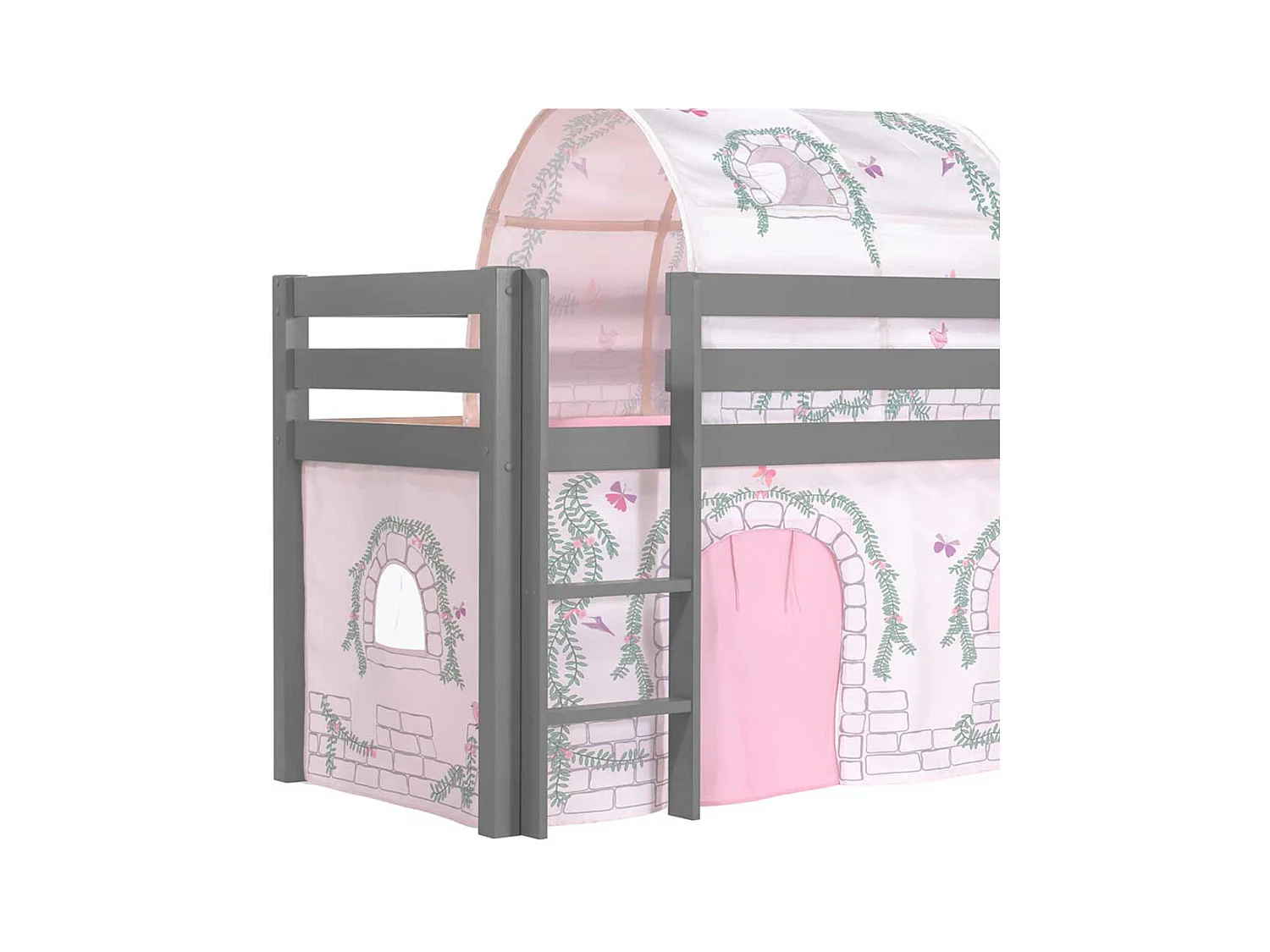 Rutschen Hochbett in Grau und Rosa Stofftunnel und Vorhang