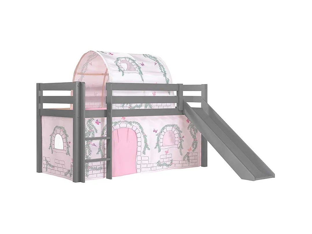 Rutschen Hochbett in Grau und Rosa Stofftunnel und Vorhang