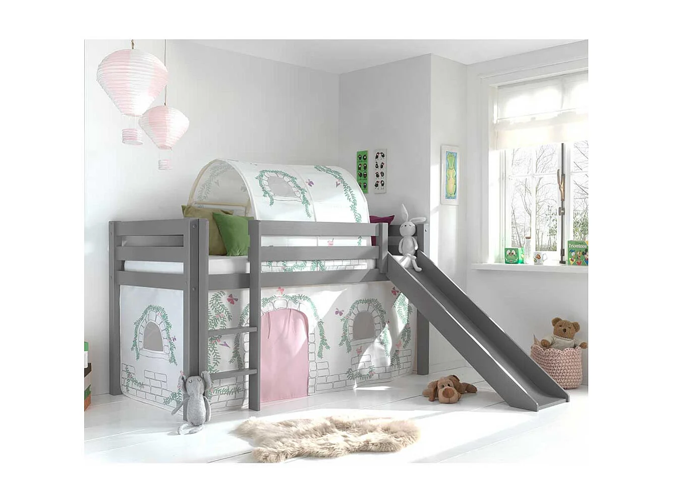 Rutschen Hochbett in Grau und Rosa Stofftunnel und Vorhang