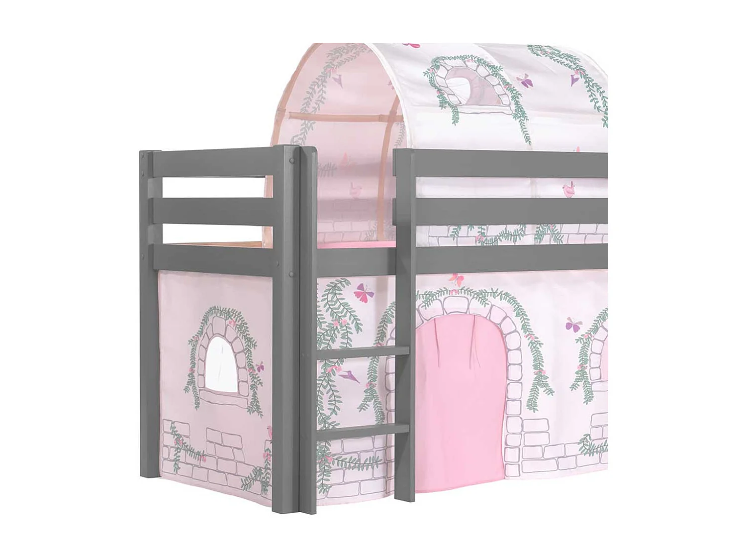 Rutschen Hochbett in Grau und Rosa Stofftunnel und Vorhang