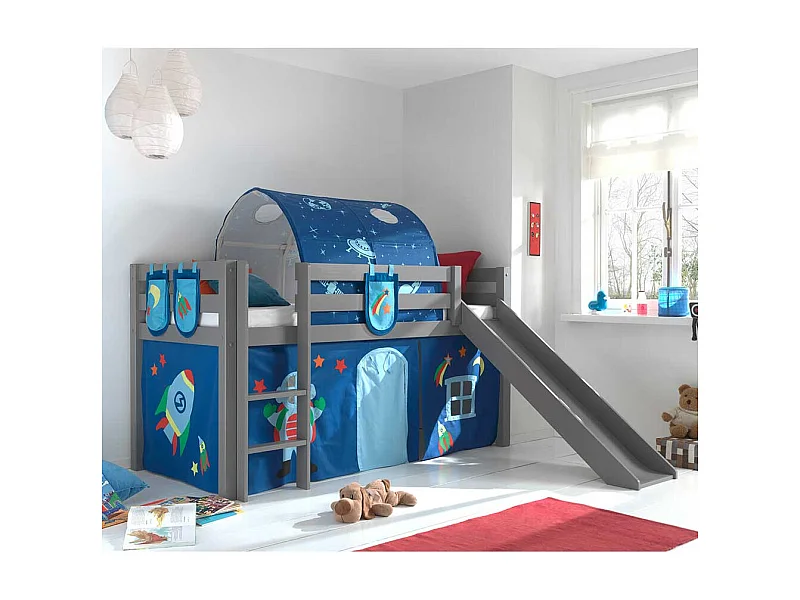 Kinderzimmer Bett in Grau und Blau Kiefer Massivholz