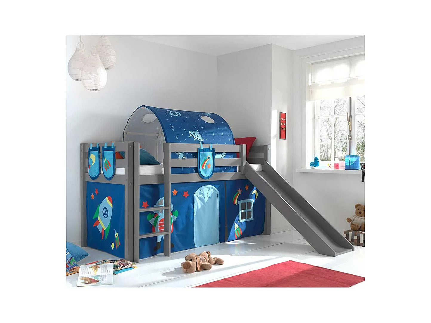 Kinderzimmer Bett in Grau und Blau Kiefer Massivholz
