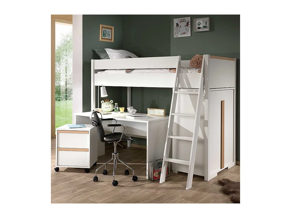 Hochbett Set weiß aus Kiefer Massivholz Skandi Design (vierteilig)