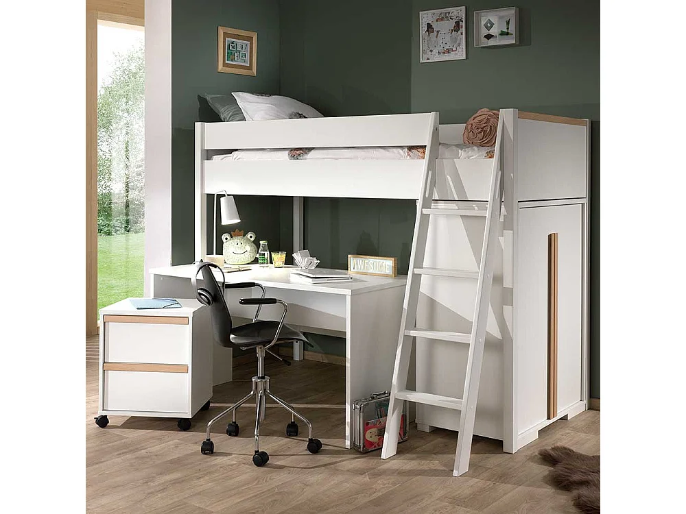 Hochbett Set weiß aus Kiefer Massivholz Skandi Design (vierteilig)